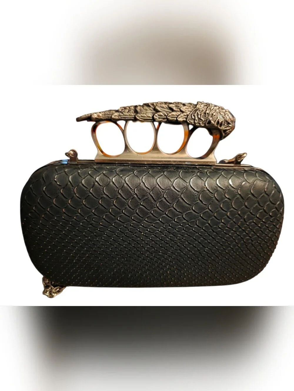 Winged Skull Knuckle Duster Faux Leather Snake Clutch Purse NWOT