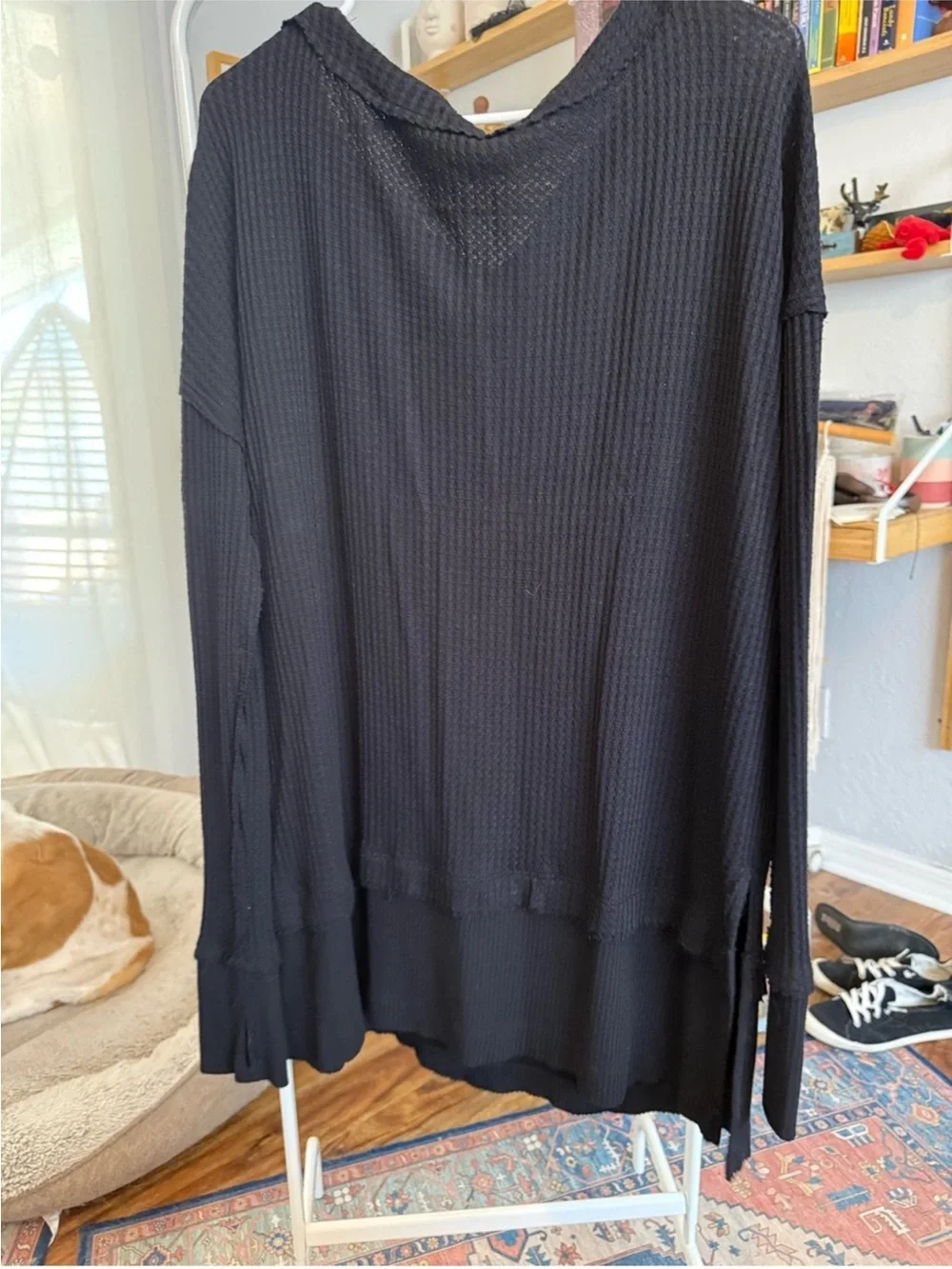 Free People Black Lightweight Waffle Knit OVERSIZED Tunic Top