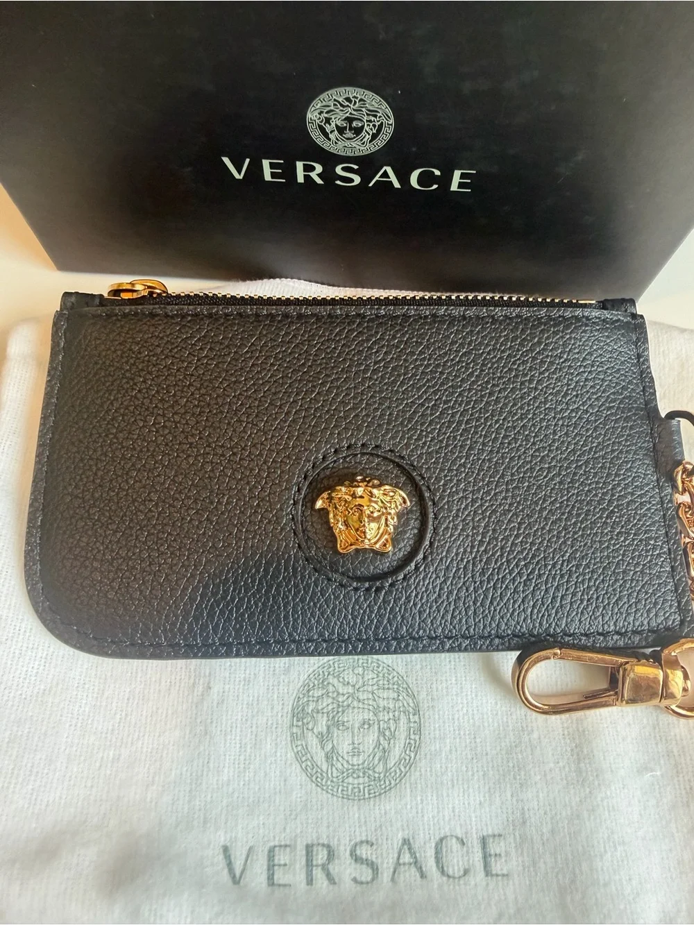 NWT Versace Black Pebbled Leather Medusa Coin Pouch/Card Holder.
