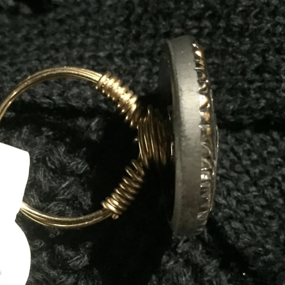 Blue Czech Glass Button Gold Filled Wire Ring