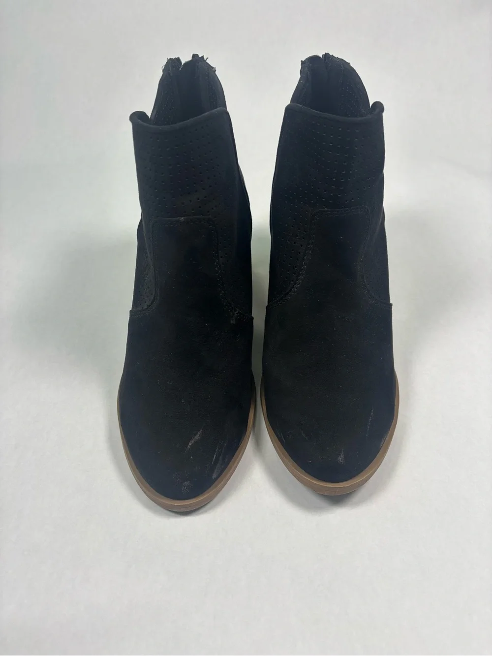 Black Suede Ankle Booties with Block Heel - Women's