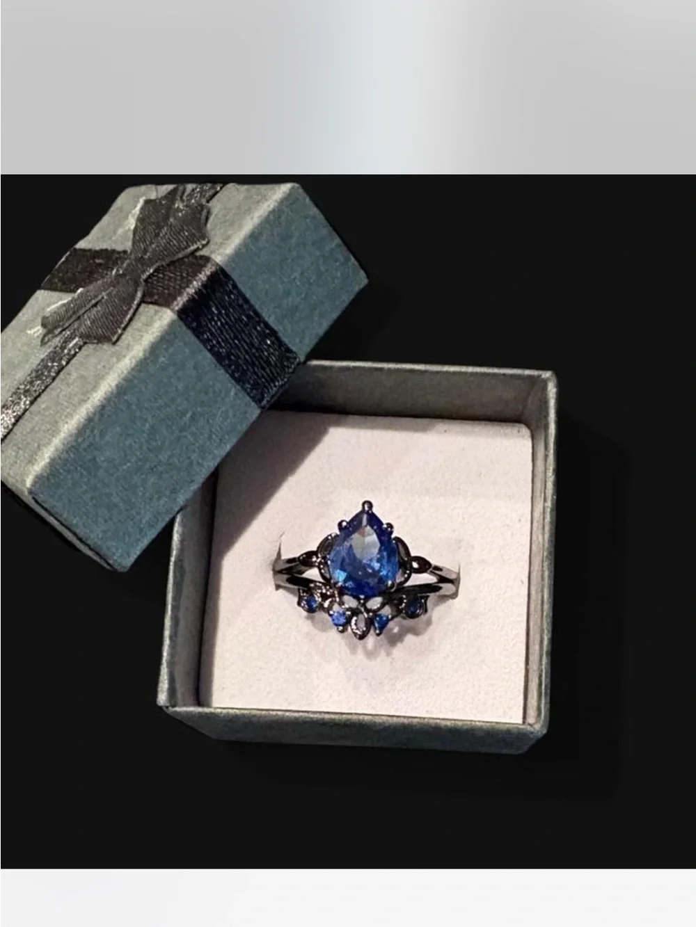 Blue Teardrop Cubic Zirconia Statement Ring - Set in Black