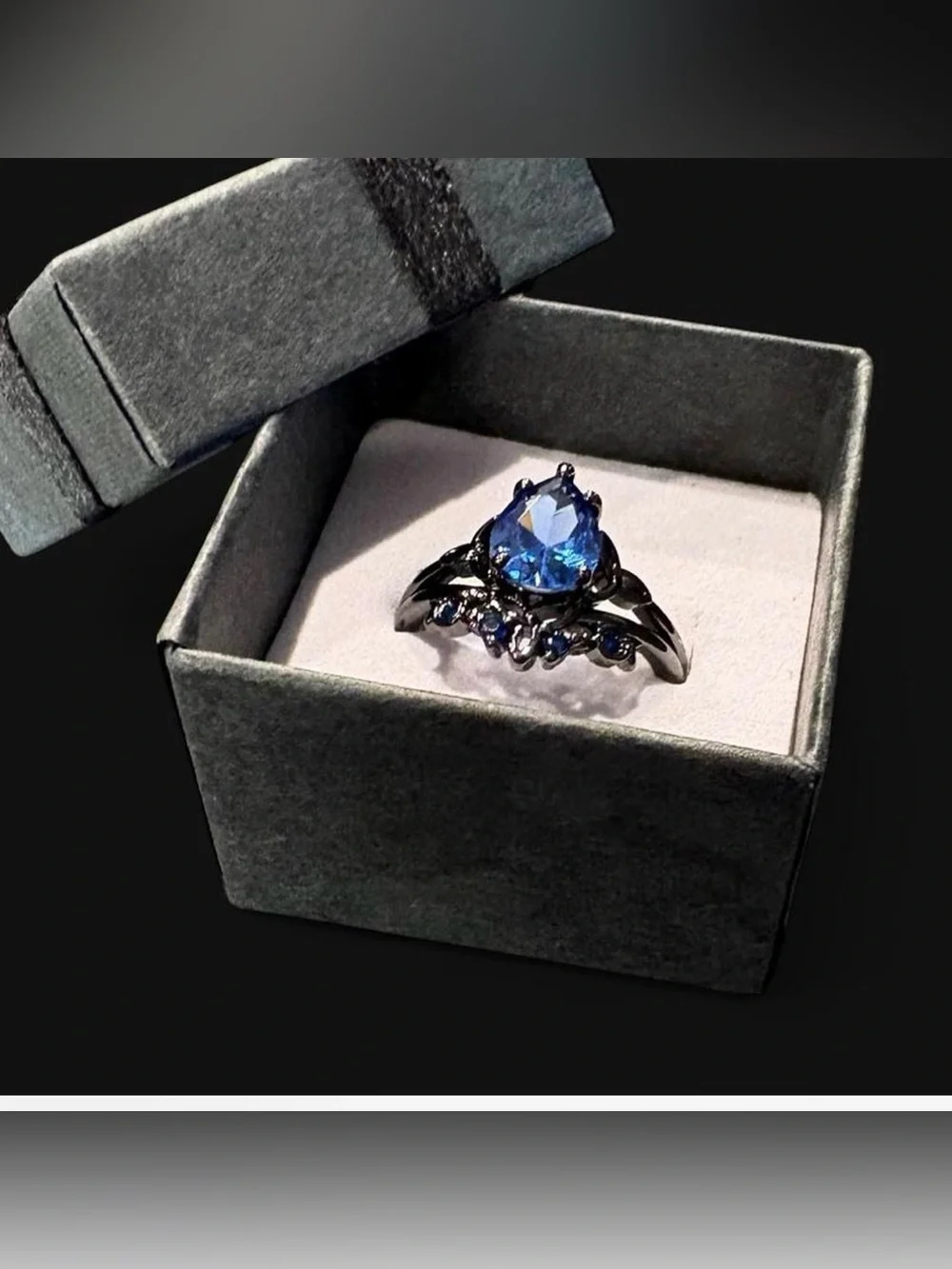 Blue Teardrop Cubic Zirconia Statement Ring - Set in Black