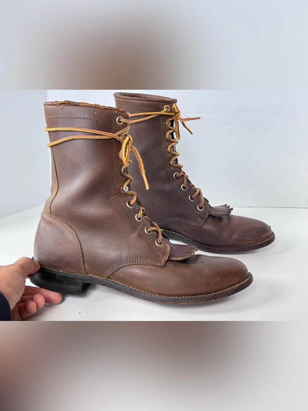 Justin Brown Leather Granny Lace up Kiltie Roper Western Cowgirl Boots Women 6.5