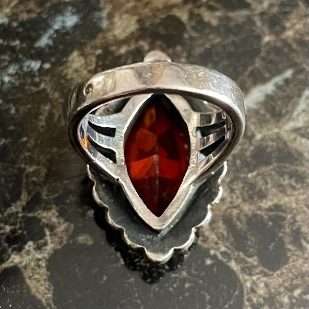 Vintage Amber Glass and Marcasite Marquis sterling silver ring