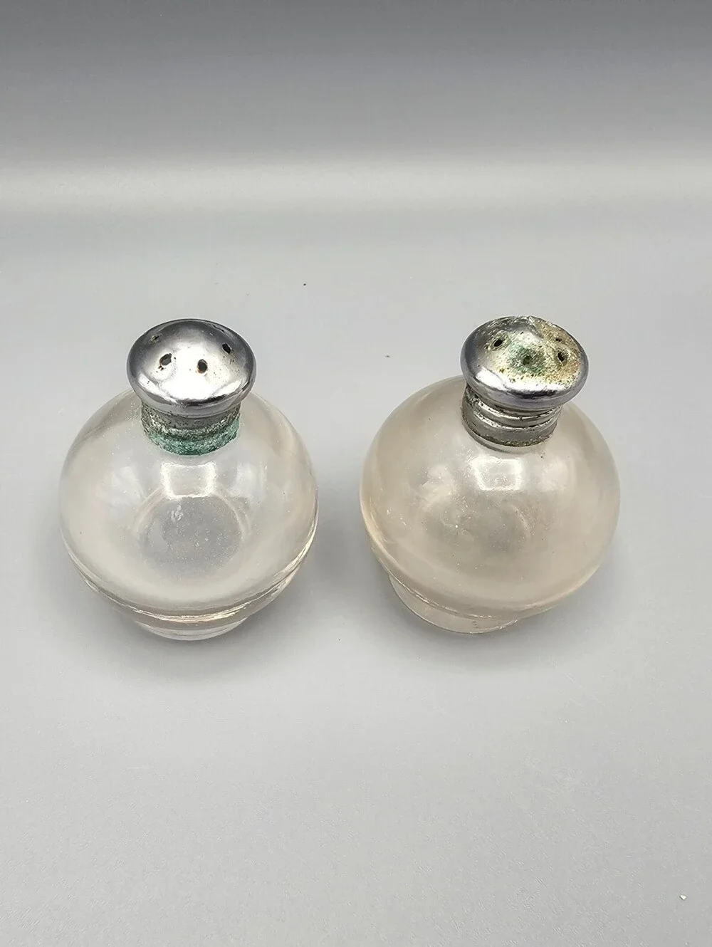 Vintage Small Round Glass Salt and Pepper Shakers with Metal Tops