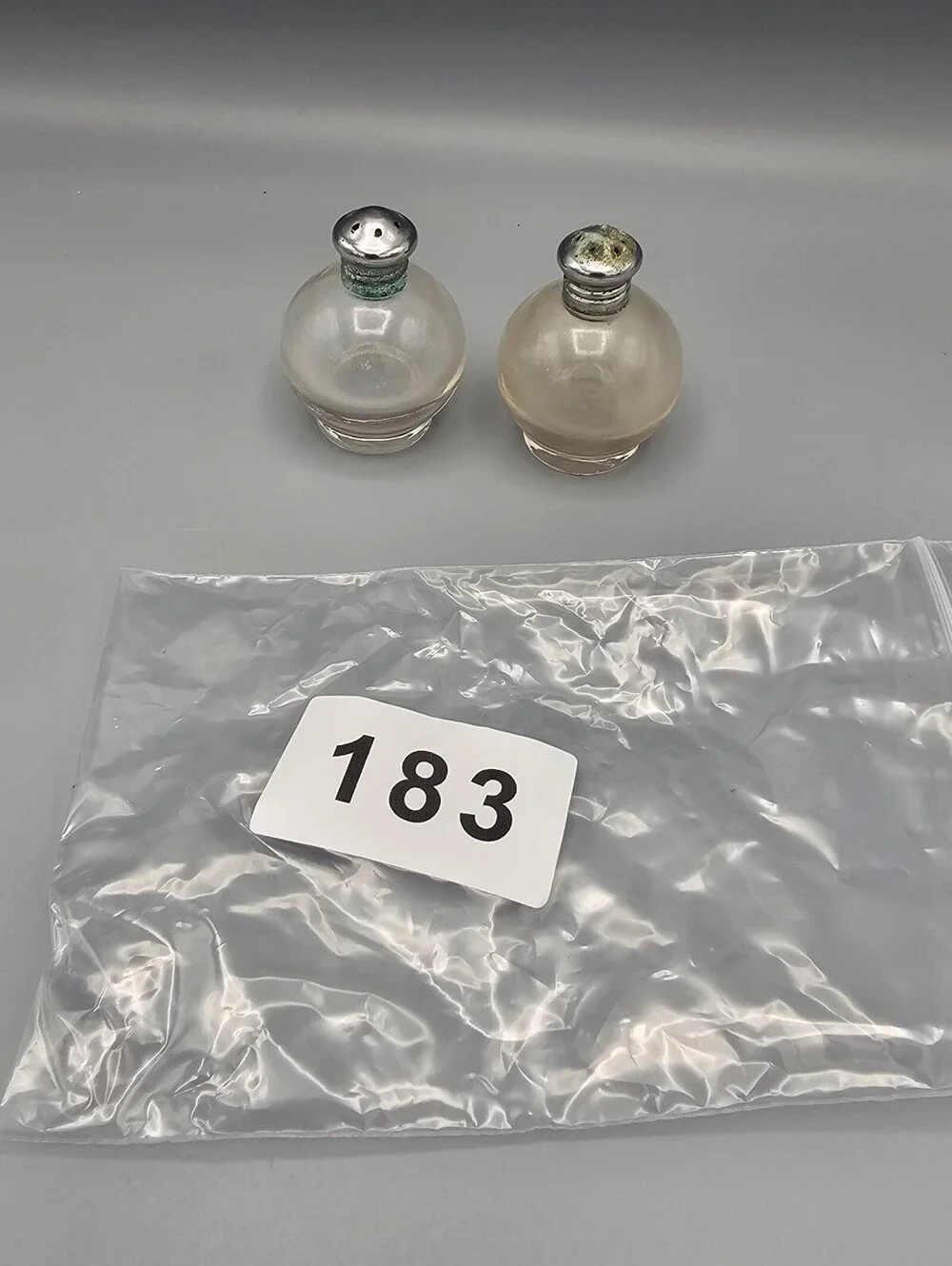 Vintage Small Round Glass Salt and Pepper Shakers with Metal Tops