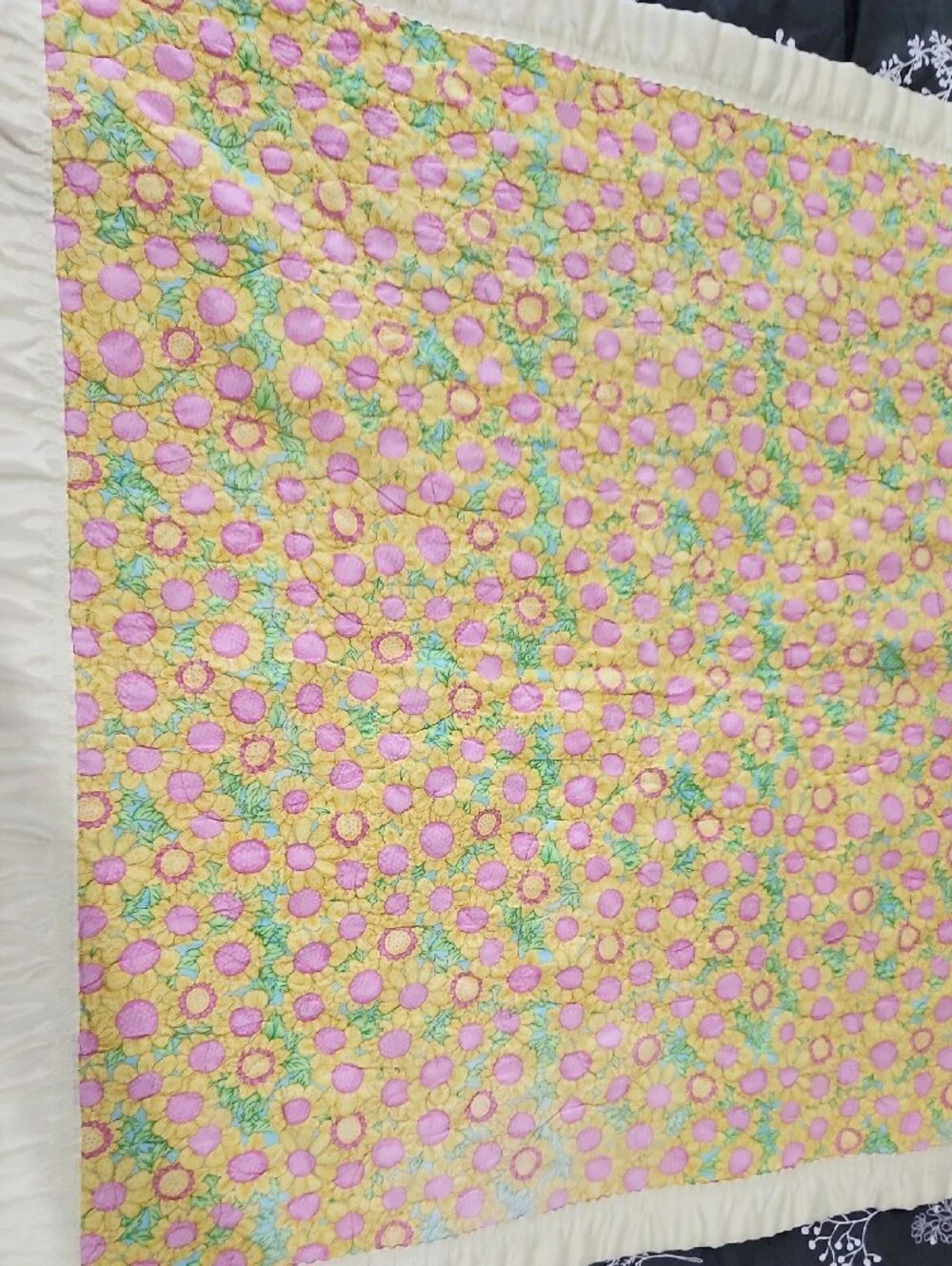 Yellow Patchwork Baby Quilt with Floral and Frog Motif
