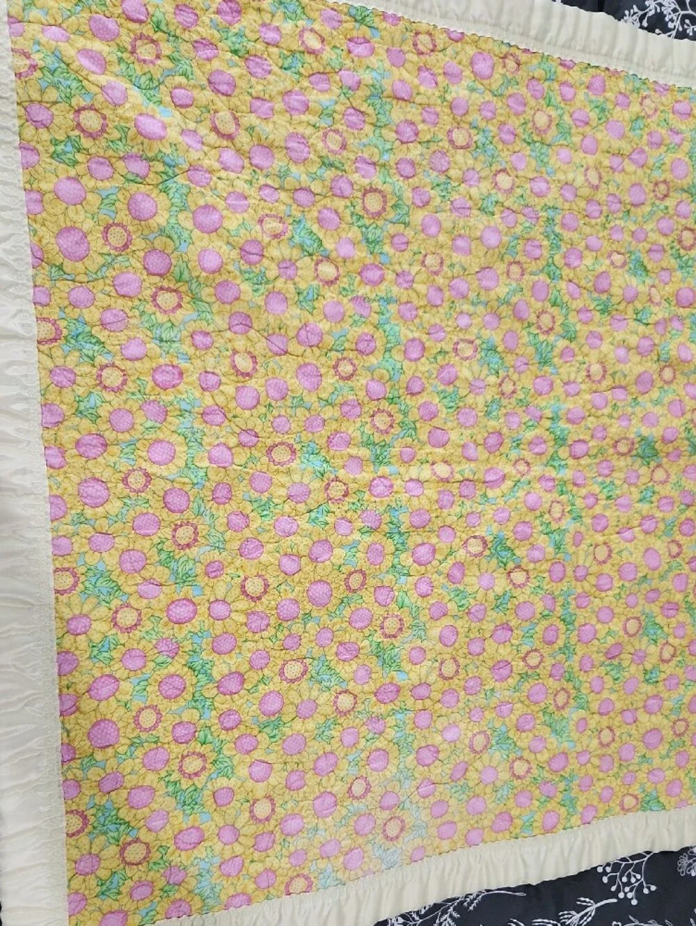 Yellow Patchwork Baby Quilt with Floral and Frog Motif