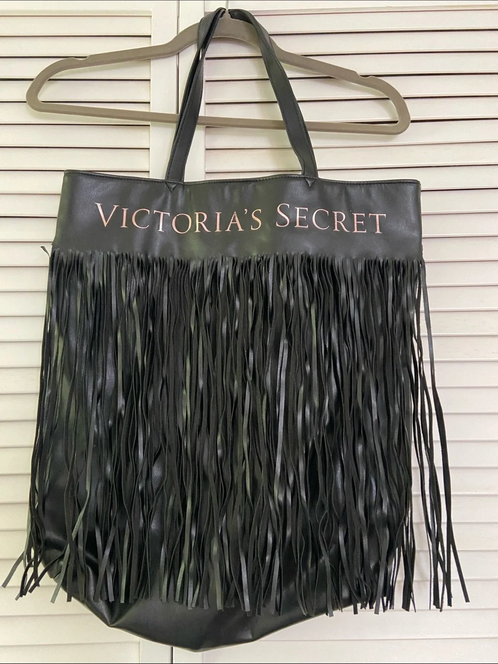 Victoria's Secret Black Fringe Faux Leather Tote with Logo Edgy