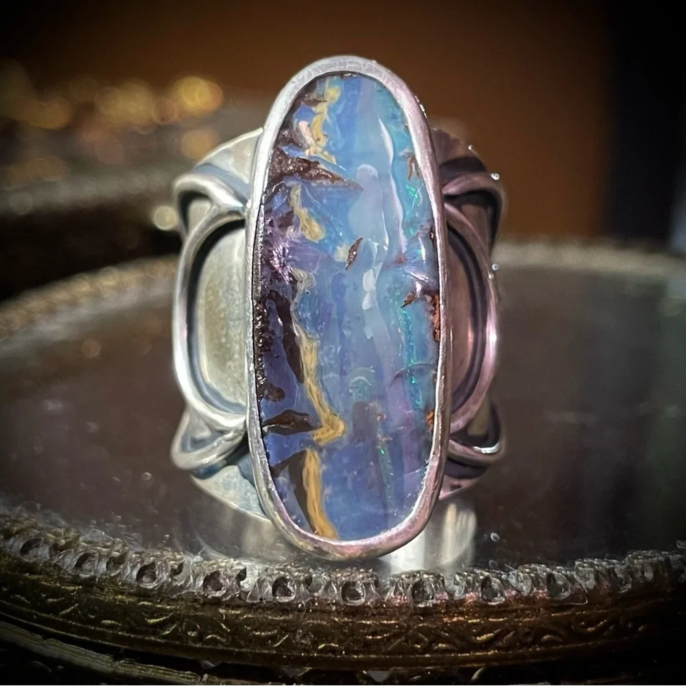 Chunky Natural Australian Opal Sterling Silver Moon Ring