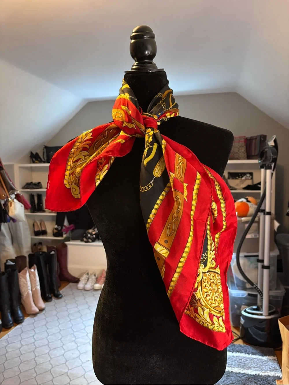 Equestrian Baroque Chain & Belt Silk Scarf — Red, Black, Gold