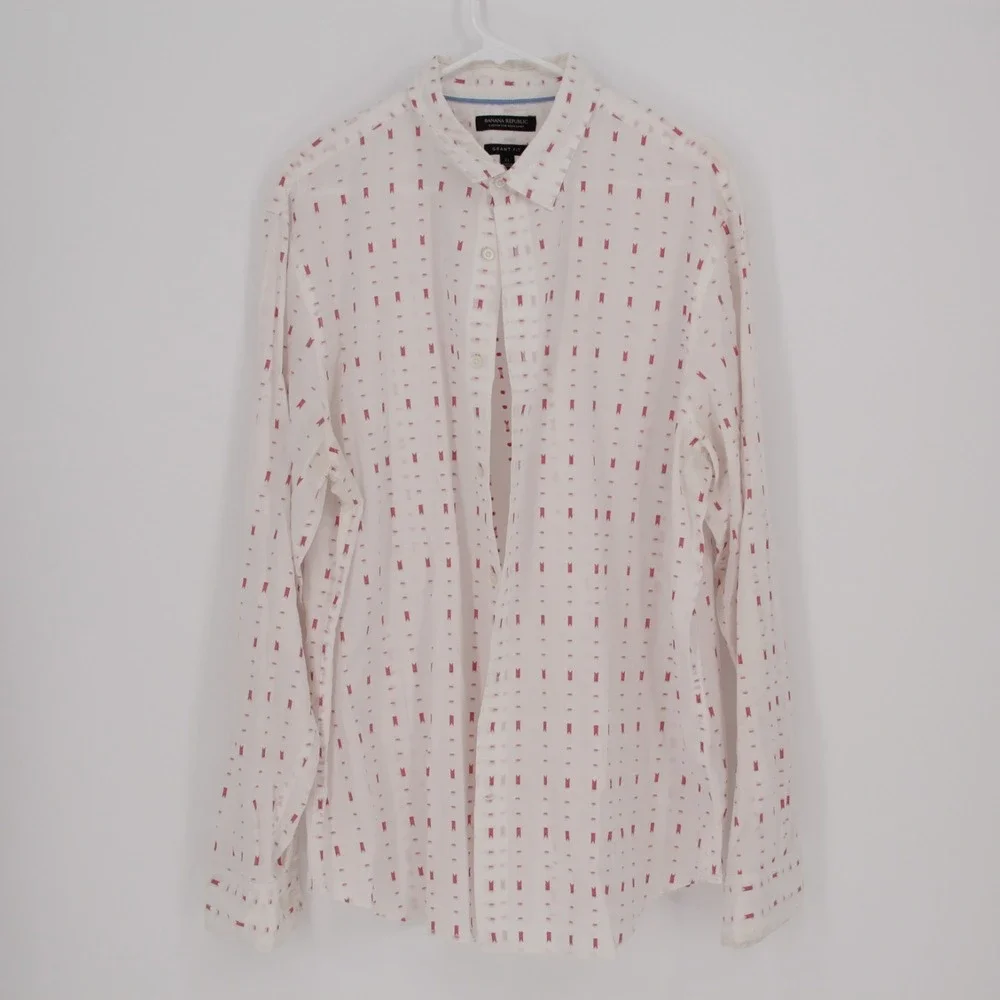 Banana Republic Mens White Red Geometric Button Up‎ Shirt Casual Long Sleeve XL