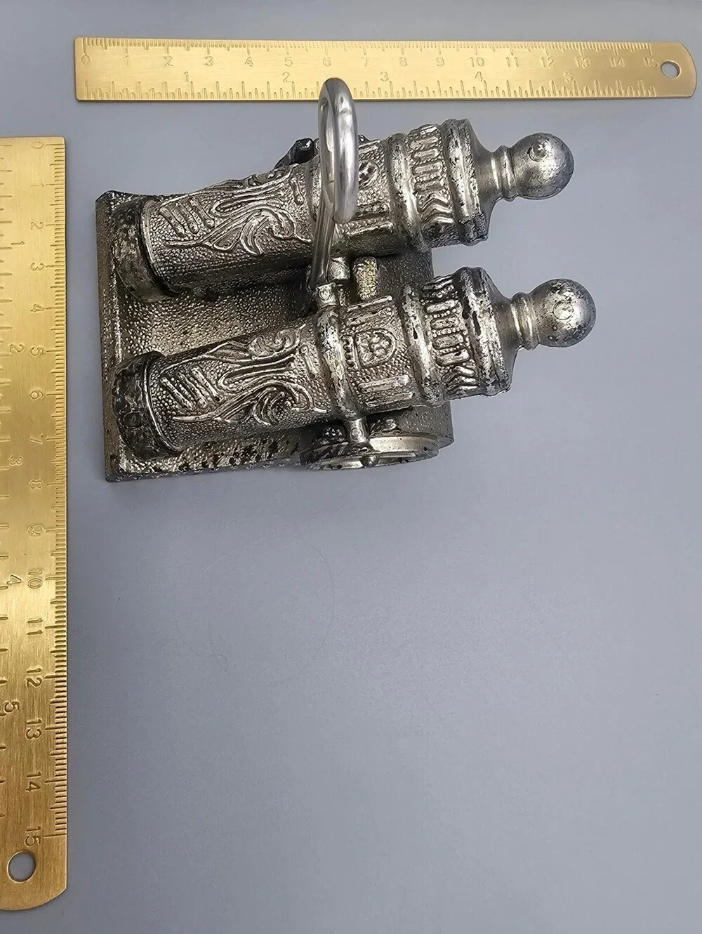 Vintage Metal Cannon Salt and Pepper Shakers with Holder