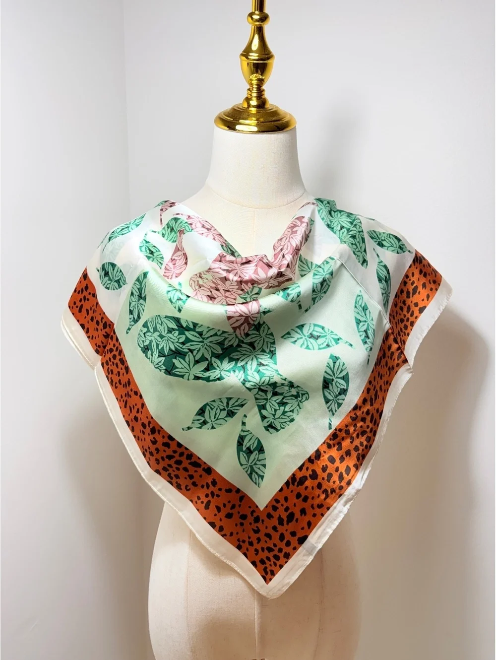 Vintage Floral Leaf Print Square Scarf with Orange Leopard Border
