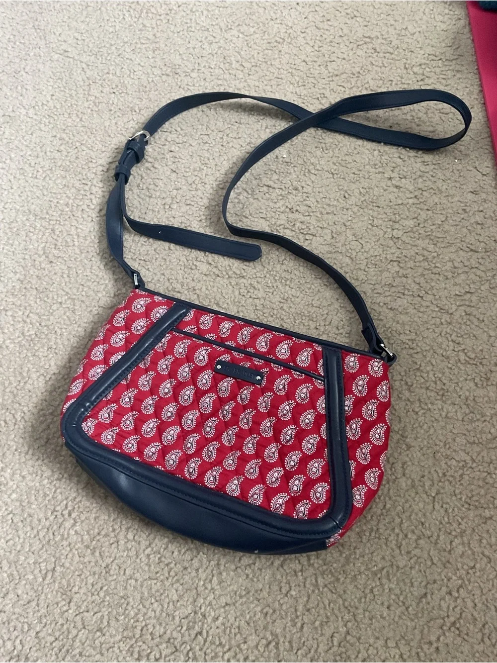 Vera Bradley Red Paisley Crossbody with Navy Trim and Strap, faux-leather trim.