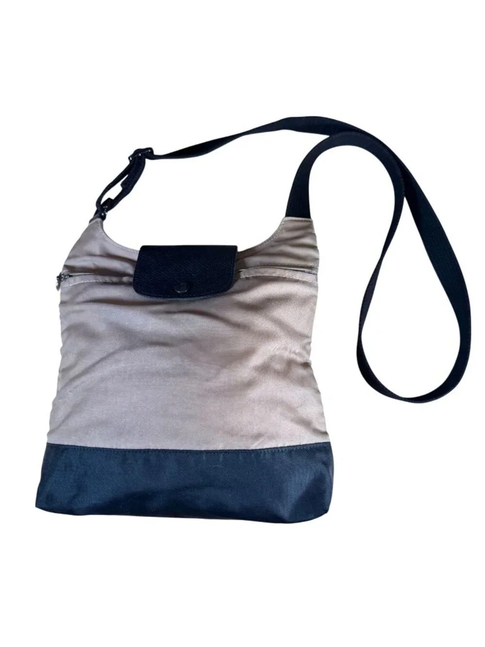 Longchamp Beige & Black Nylon Crossbody Bag With Adjustable Strap