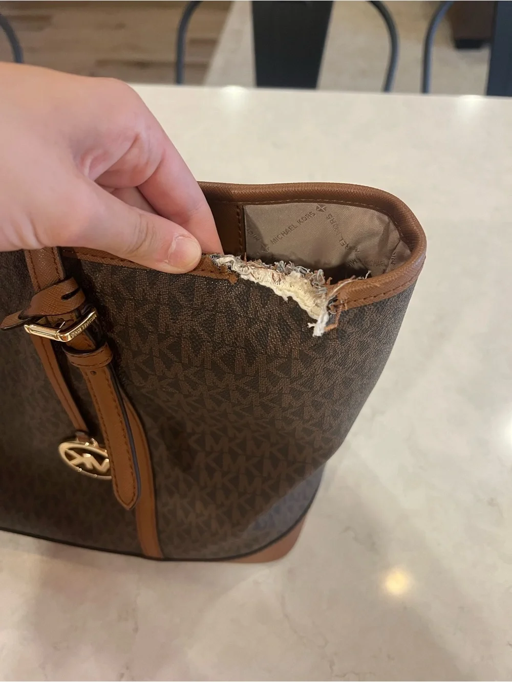 Michael Kors Brown MK Logo Tote with Gold Charm