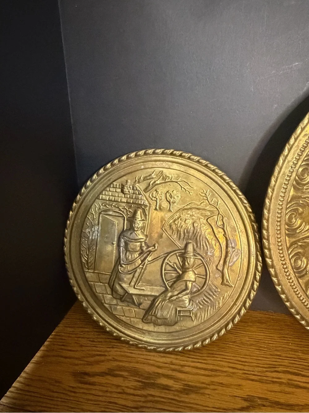 Vintage Brass Wall Hanging Plates Set of 3 - Nautical Ship, Tavern & Spinning Wh