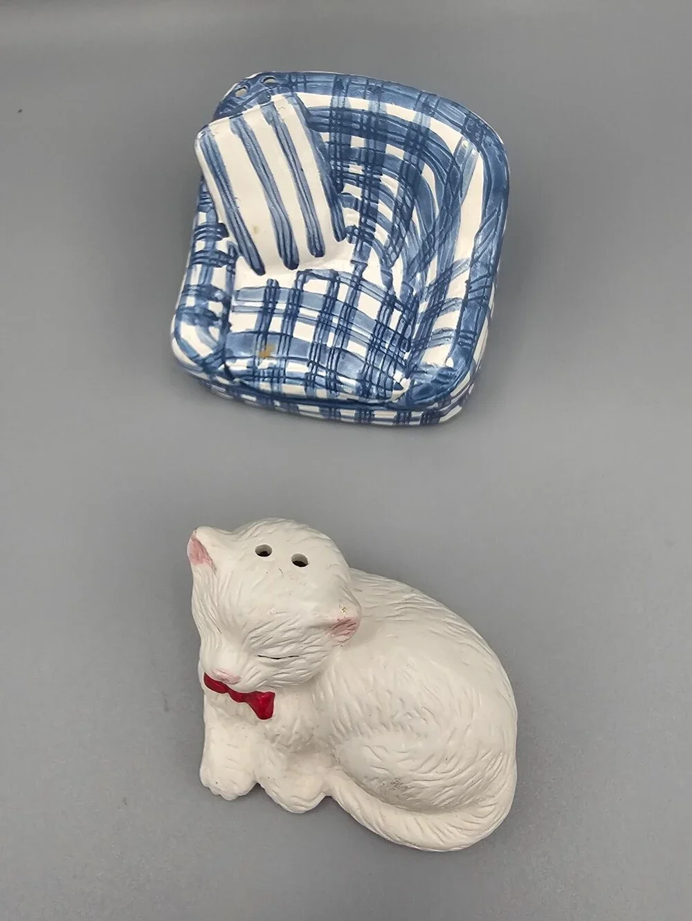 Vintage Ceramic Cat on Blue Plaid Chair Salt and Pepper Shaker Set