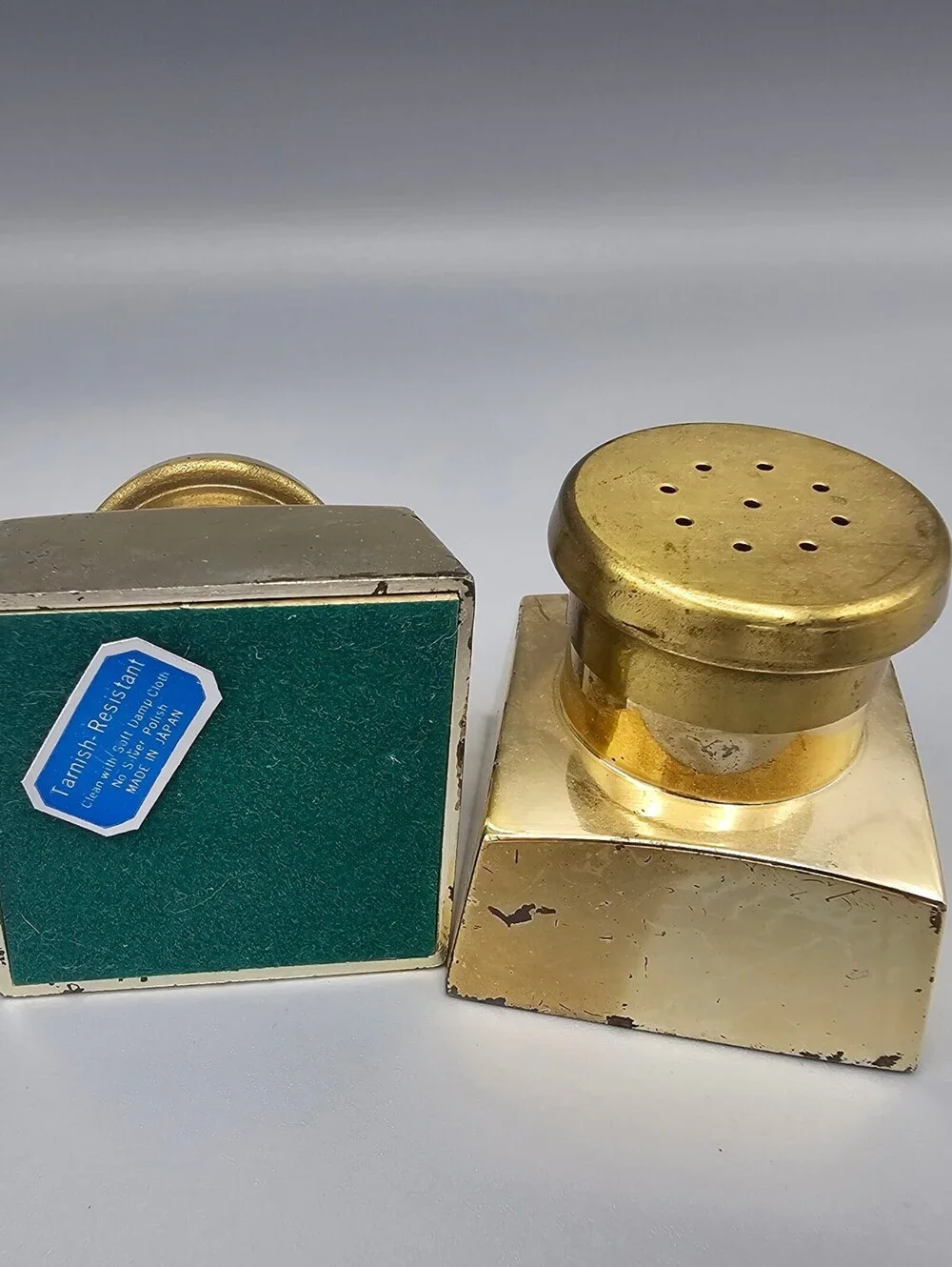 Vintage Tarnish Resistant Metal Salt and Pepper Shakers Made in Japan