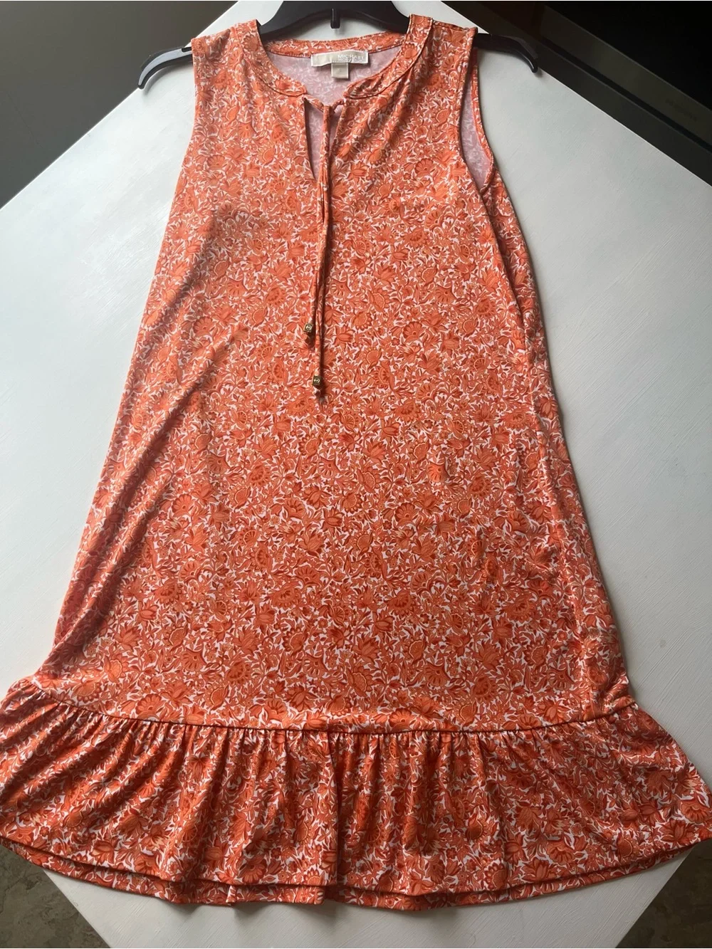 Michael Kors Sleeveless Orange Floral Shift Dress with Tassel Tie Size Small