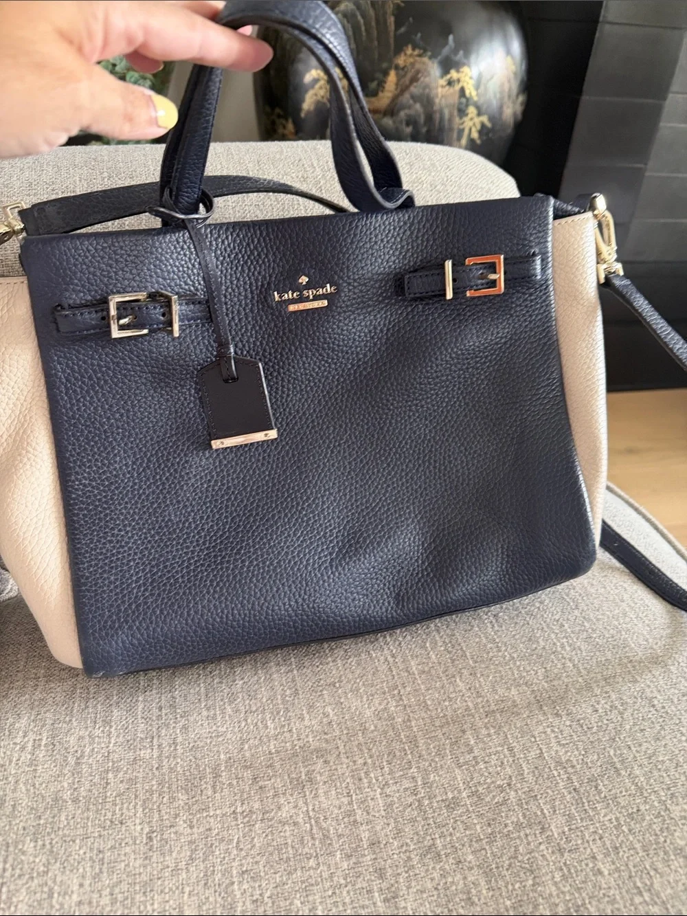 kate spade Navy and Cream Leather Satchel with Gold Hardware