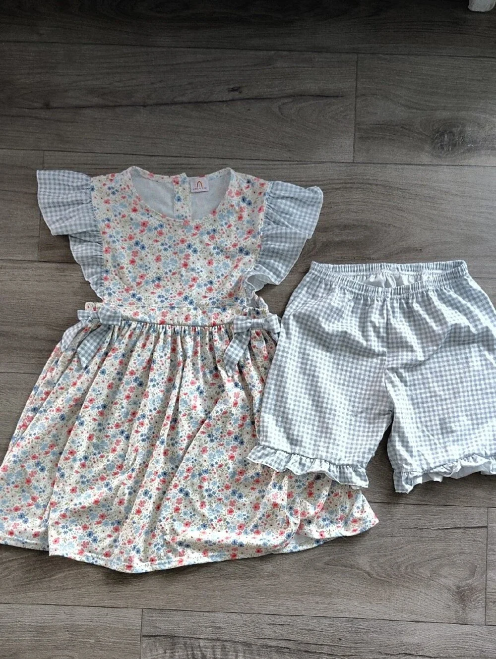 Blue Floral Gingham Ruffle Dress with Matching Shorts - Kids