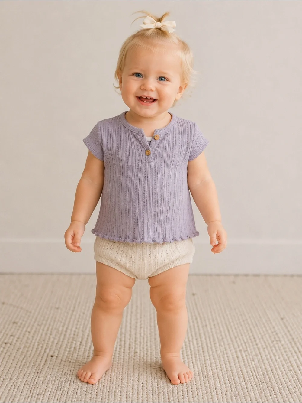Zara Baby Girls Lavender Pointelle Knit Henley Top | Size  9-12M