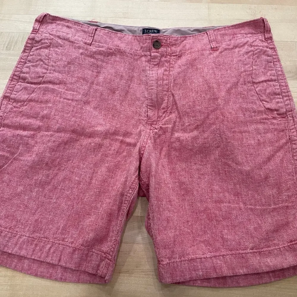 J. Crew Factory Gramercy Shorts Mens 38 Red Cotton Linen Blend Chambray Heather