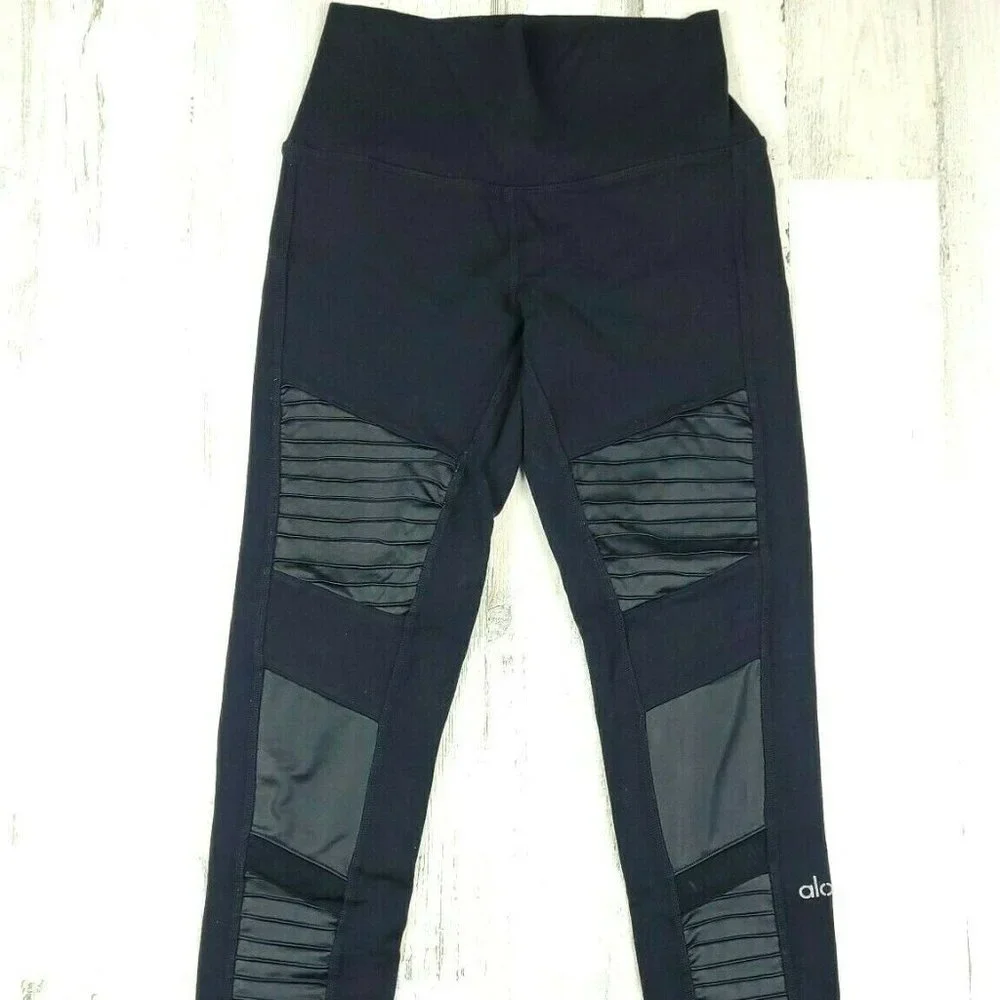 Alo Yoga Moto Leggings Black Mesh High Waist Compression Yoga Pants XS 27”