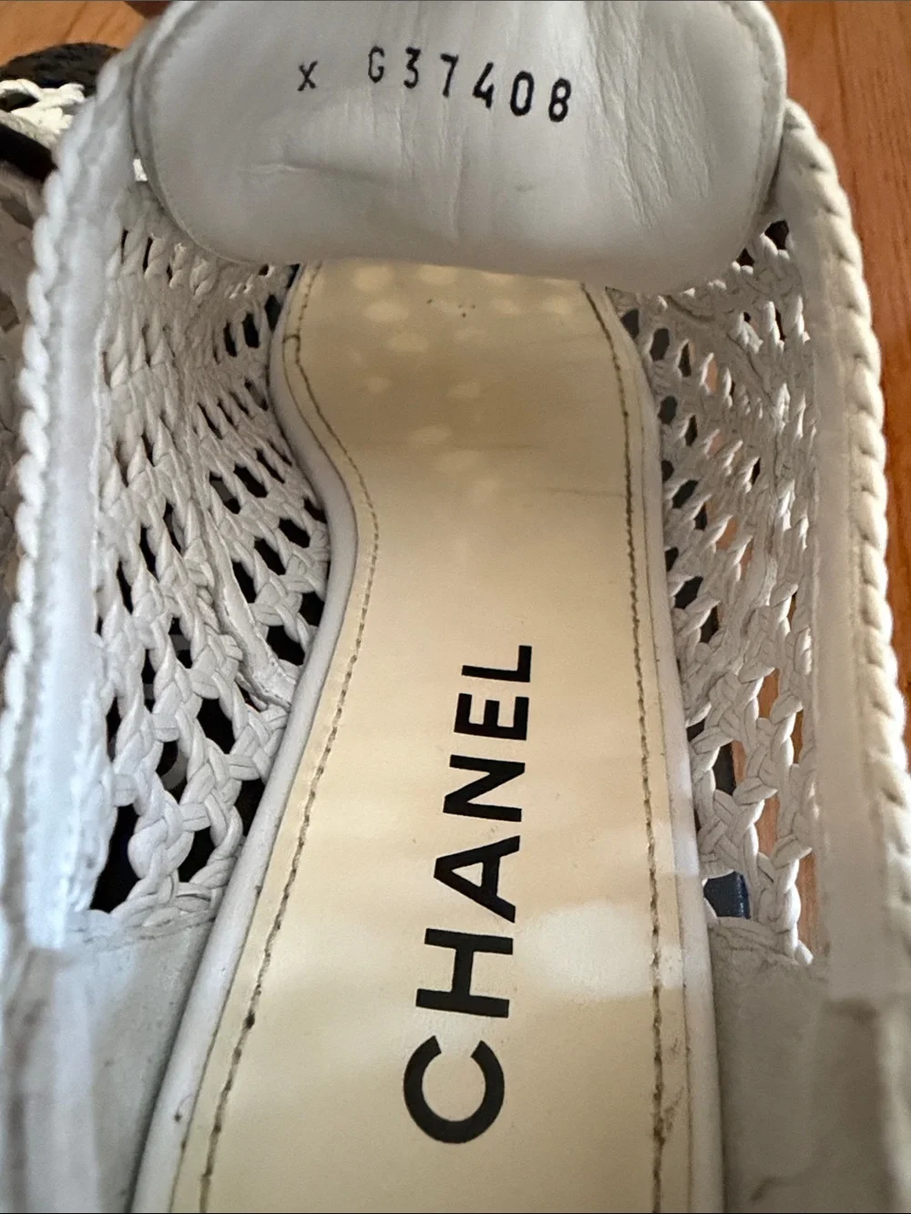 CHANEL White Woven Lace-Up Flats with Black Cap Toe
