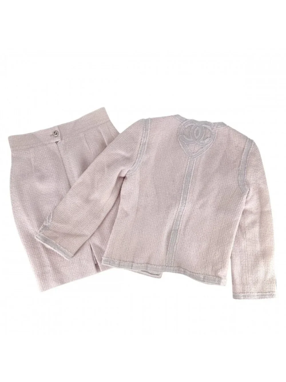 Chanel Set Tweed Collarless Jacket Skirt CC Logo 38 Pink Wool Spring Autumn