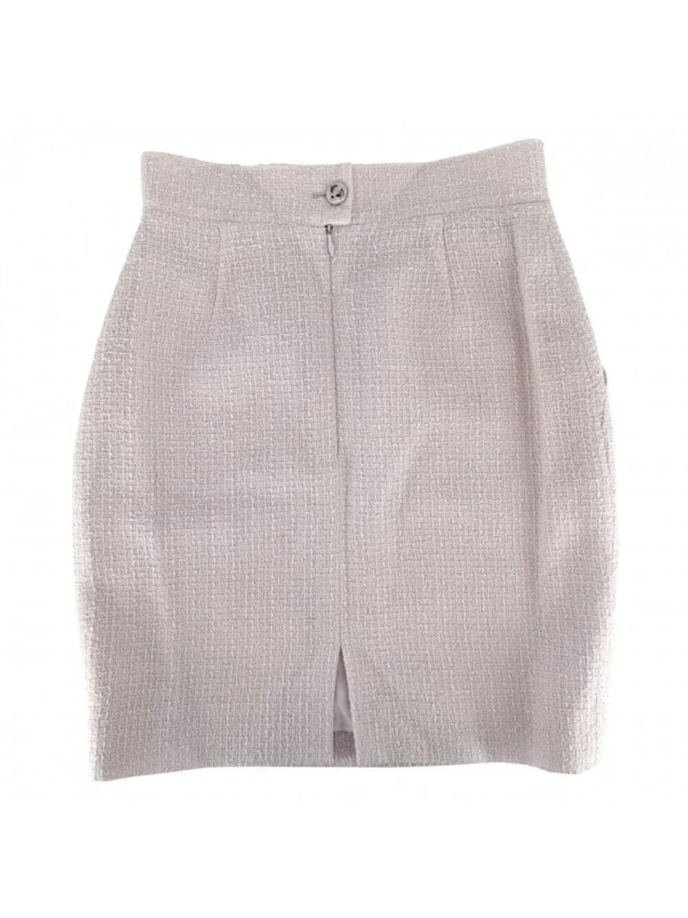 Chanel Set Tweed Collarless Jacket Skirt CC Logo 38 Pink Wool Spring Autumn