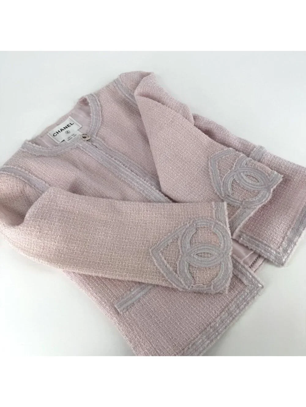 Chanel Set Tweed Collarless Jacket Skirt CC Logo 38 Pink Wool Spring Autumn