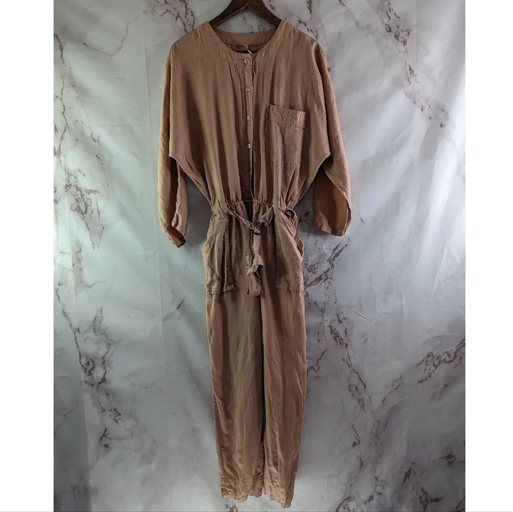 Free People Jumpsuit Womens XS Pink Linen Button Crop Belted Slouchy Pocket
