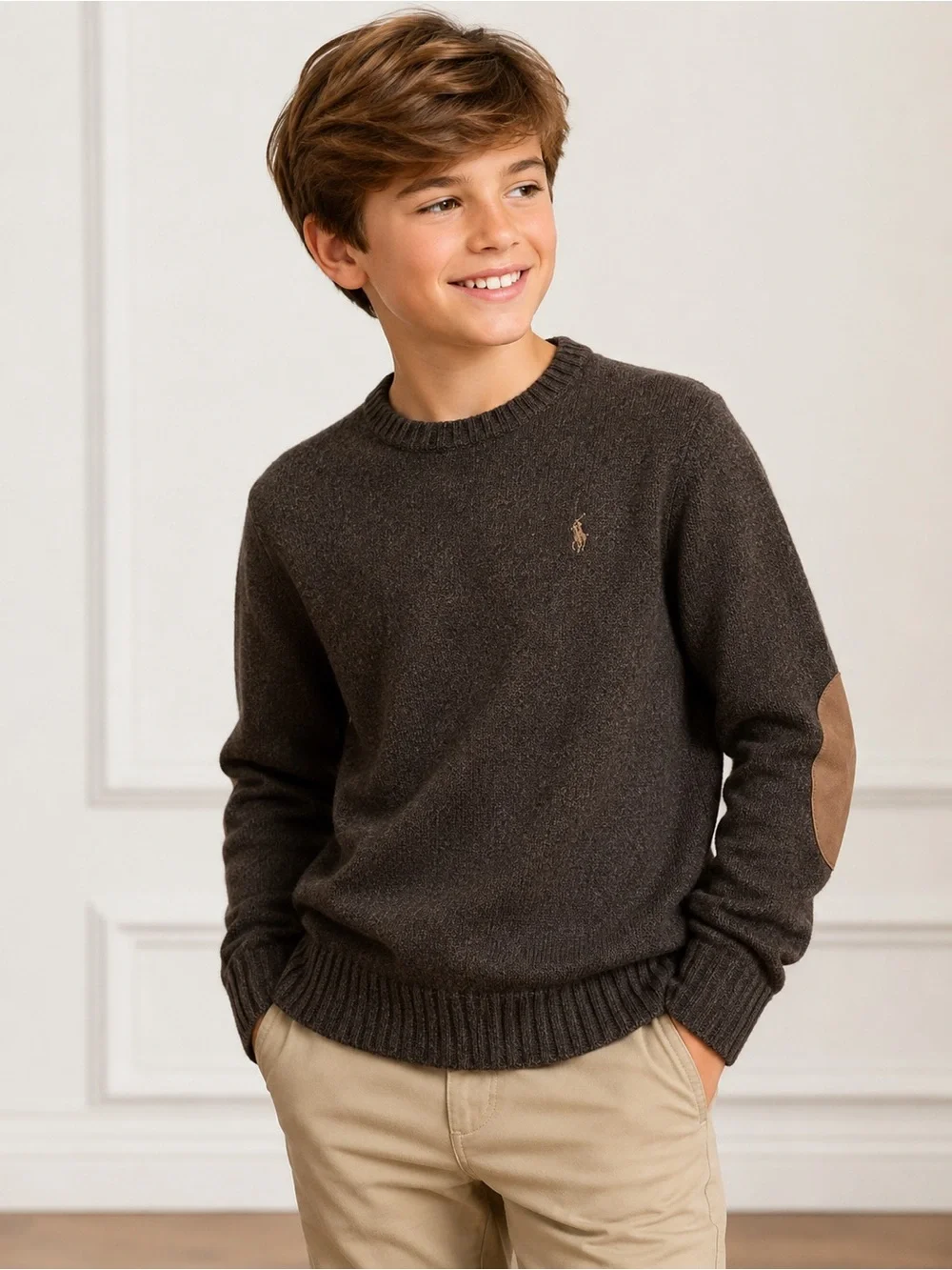 NWT Polo Ralph Lauren Boys Brown Crewneck Sweater Elbow Patch Size M 10-12