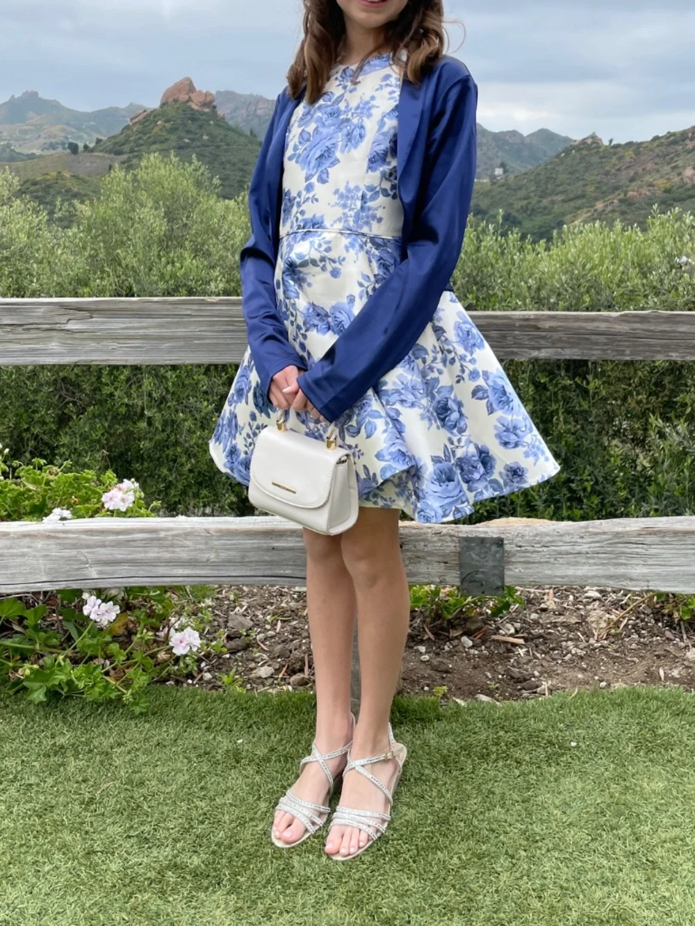 Rare Editions Fit-and-Flare Dress | Blue White Floral Print | Girls Size 16