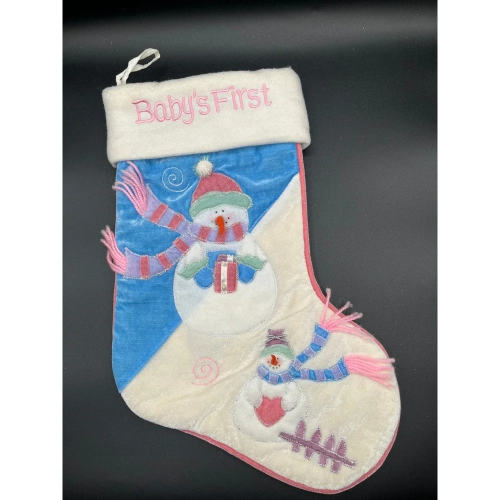 Babys‎ First Christmas Snowman Stocking Plush Velvet Pink Blue White 17