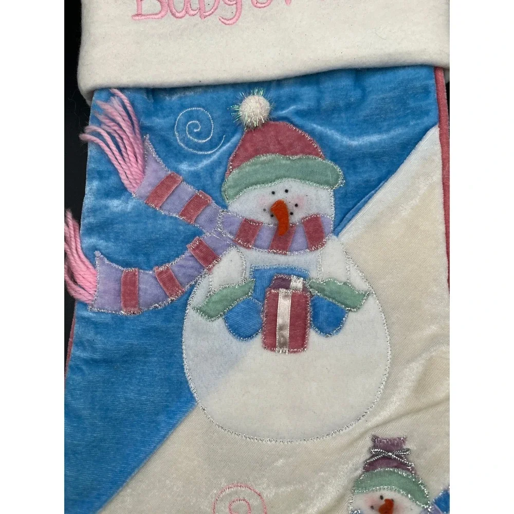 Babys‎ First Christmas Snowman Stocking Plush Velvet Pink Blue White 17