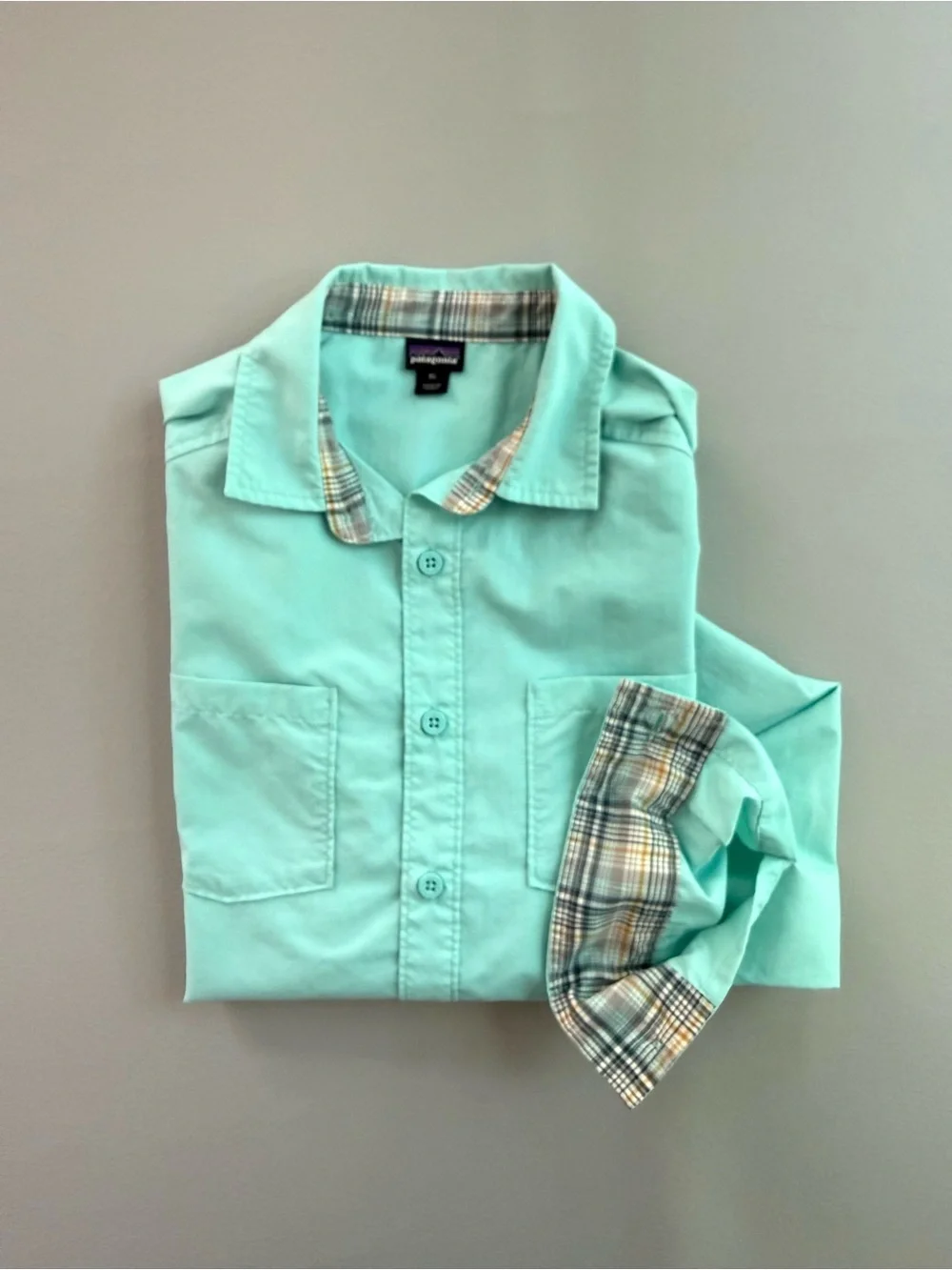 Patagonia Kids Long Sleeved Button Up Rio North Shirt Bend Blue Boys XL - Stains
