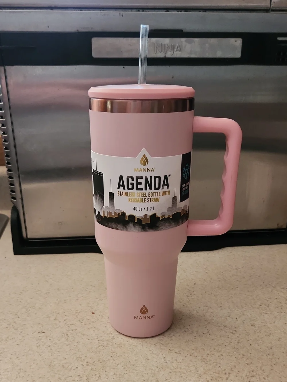 Manna Pink Insulated Travel Mug with Handle & Straw