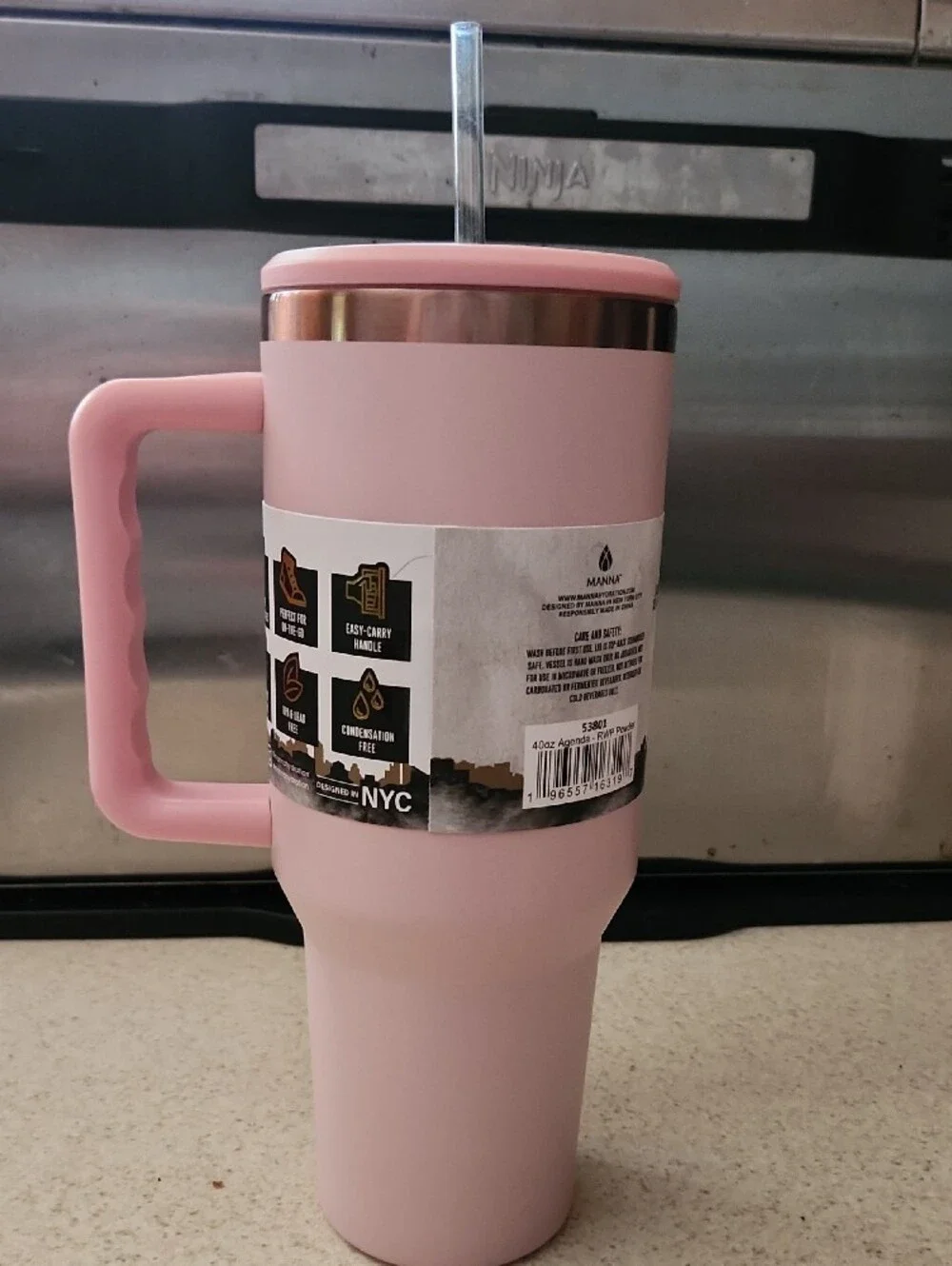 Manna Pink Insulated Travel Mug with Handle & Straw