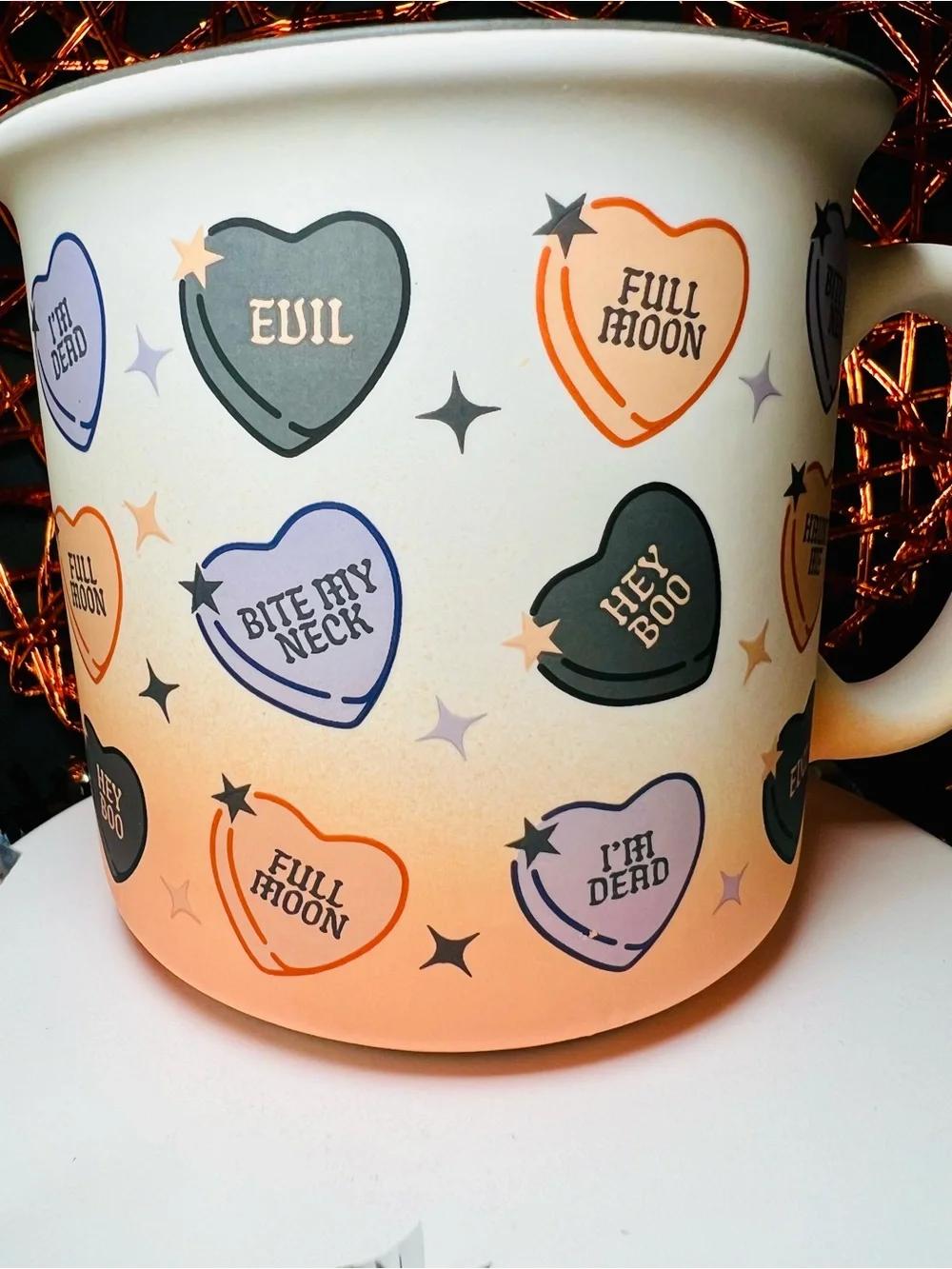 Halloween Conversation Hearts Mug in Orange, Purple & Black Dark Romance Fun