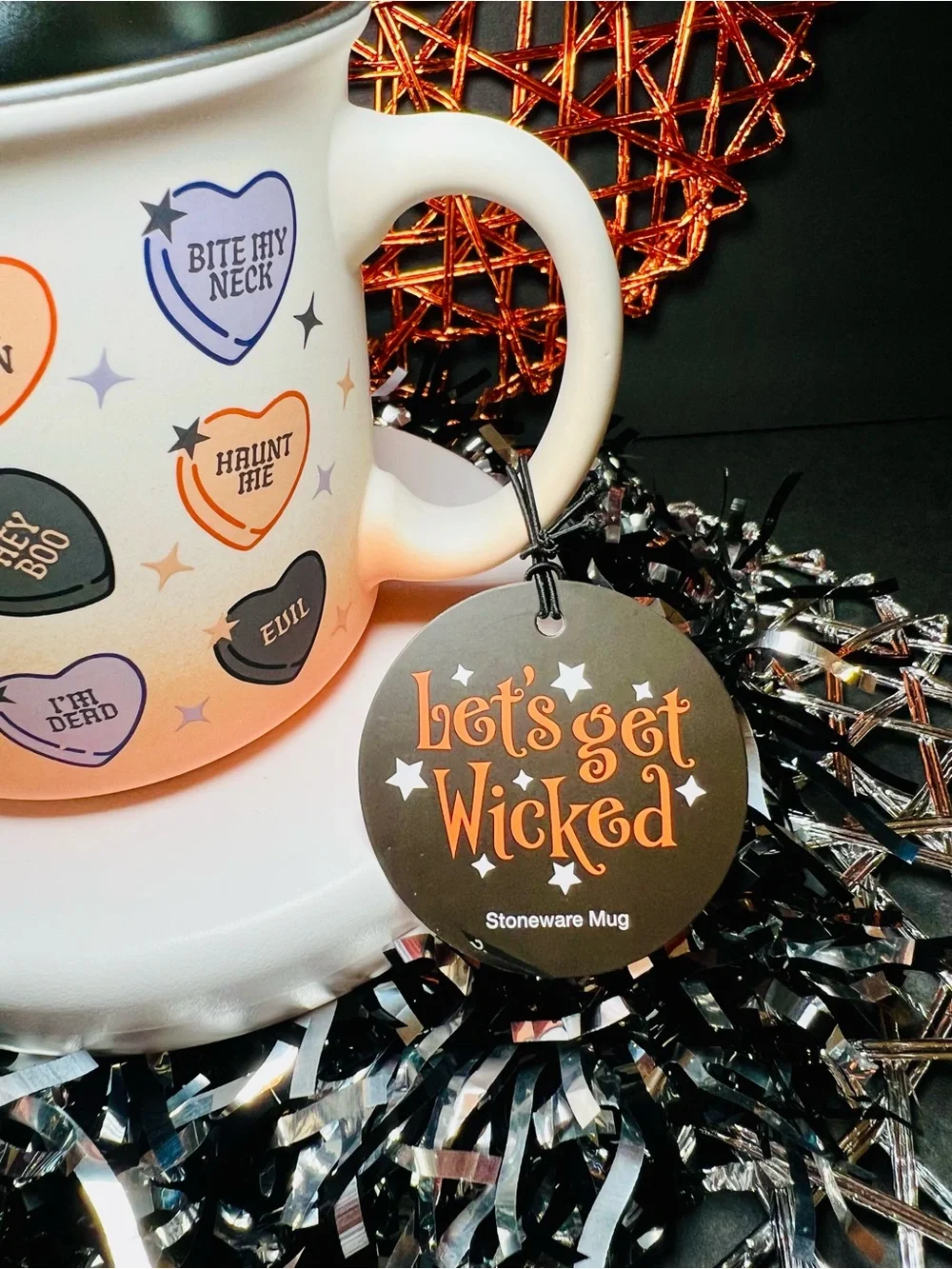 Halloween Conversation Hearts Mug in Orange, Purple & Black Dark Romance Fun