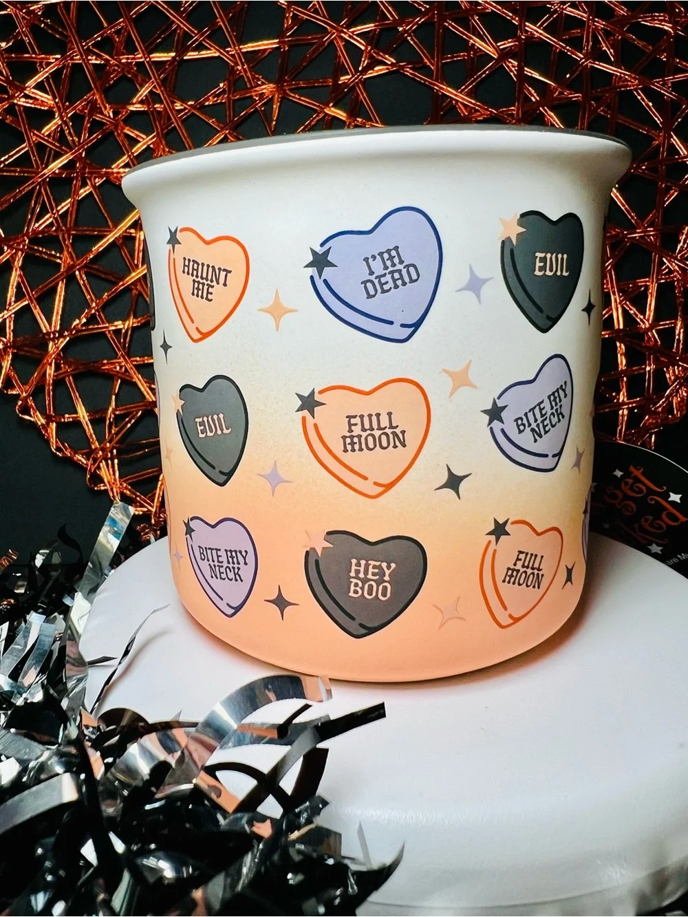 Halloween Conversation Hearts Mug in Orange, Purple & Black Dark Romance Fun