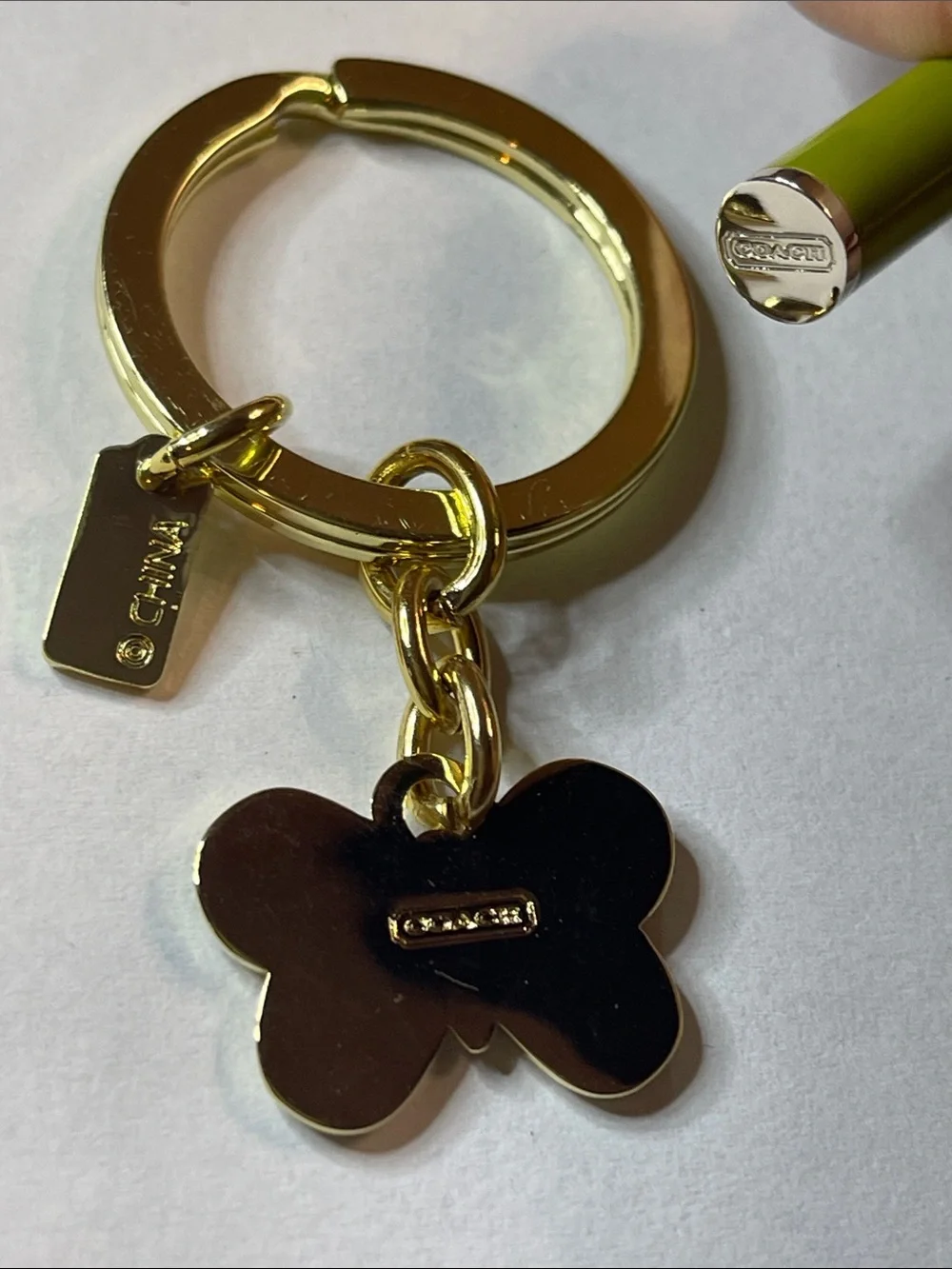 Coach Gold Butterfly Key Ring with Green Enamel Charm and Coach Pen