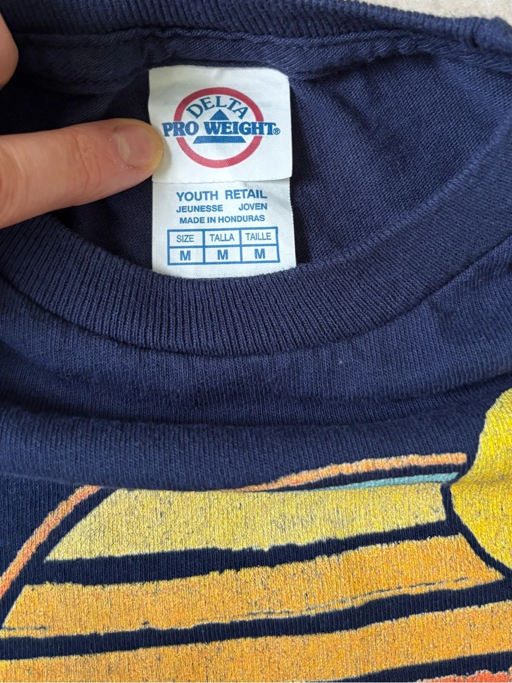 Delta Pro Weight Navy T-shirt with Yellow and Teal Sunset Graphic(Youth Medium)