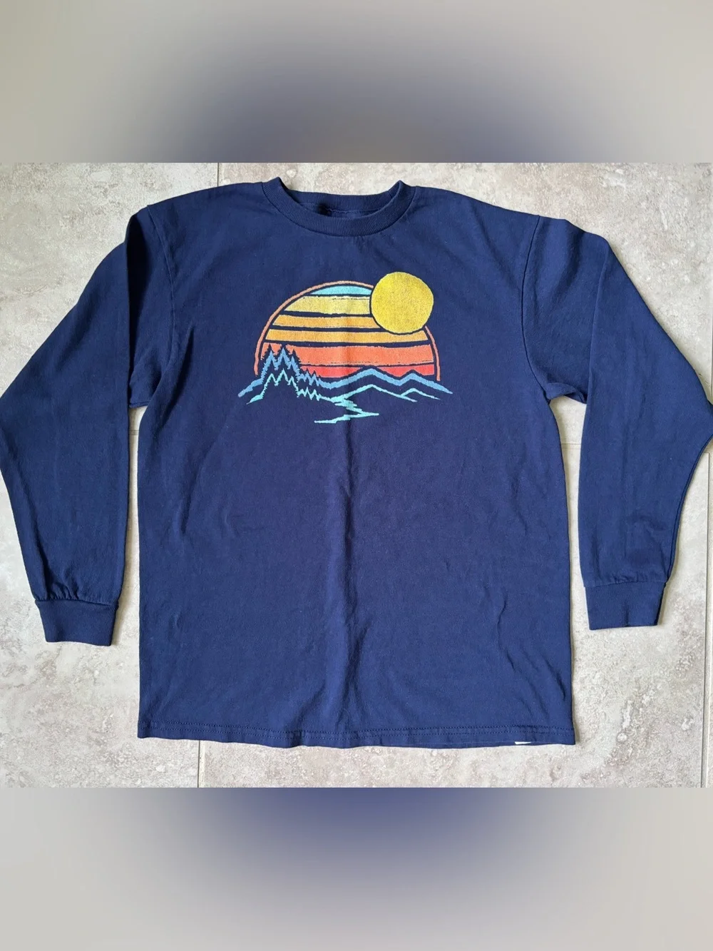 Delta Pro Weight Navy T-shirt with Yellow and Teal Sunset Graphic(Youth Medium)
