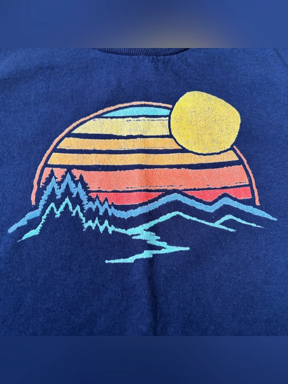 Delta Pro Weight Navy T-shirt with Yellow and Teal Sunset Graphic(Youth Medium)